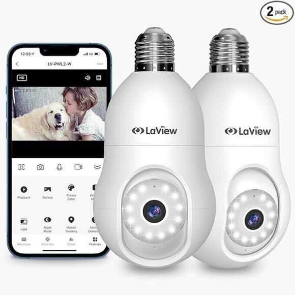 LAVIEW 4MP Light Bulb Security Camera 2-Pack WHITE - Picture 1 of 10